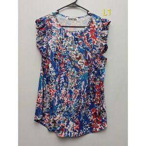 L1 One Eleven North Multi Color Abstract Ruffled Short Sleeve Blouse Size XL